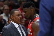 Pelicans coach Alvin Gentry has a word with Zion Williamson